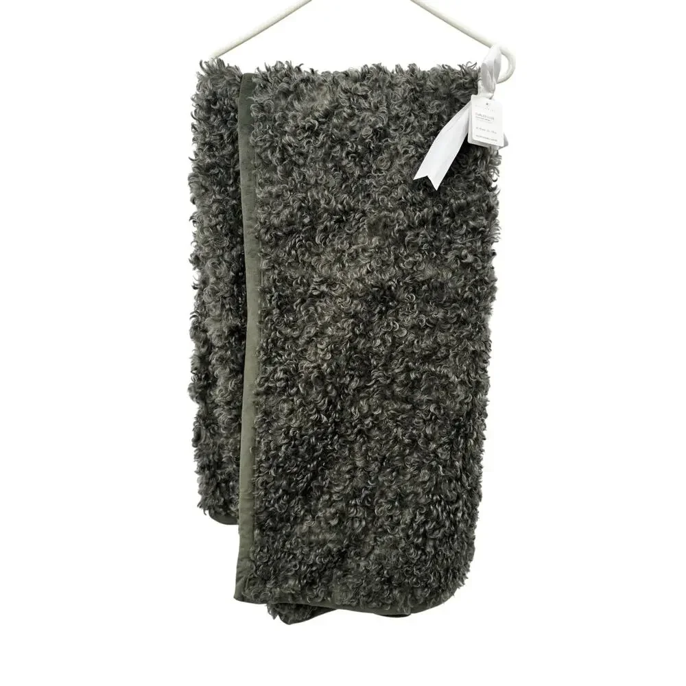 Pottery Barn Curled Luxe Moss Green Faux Fur Throw Blanket 50x60in NWT